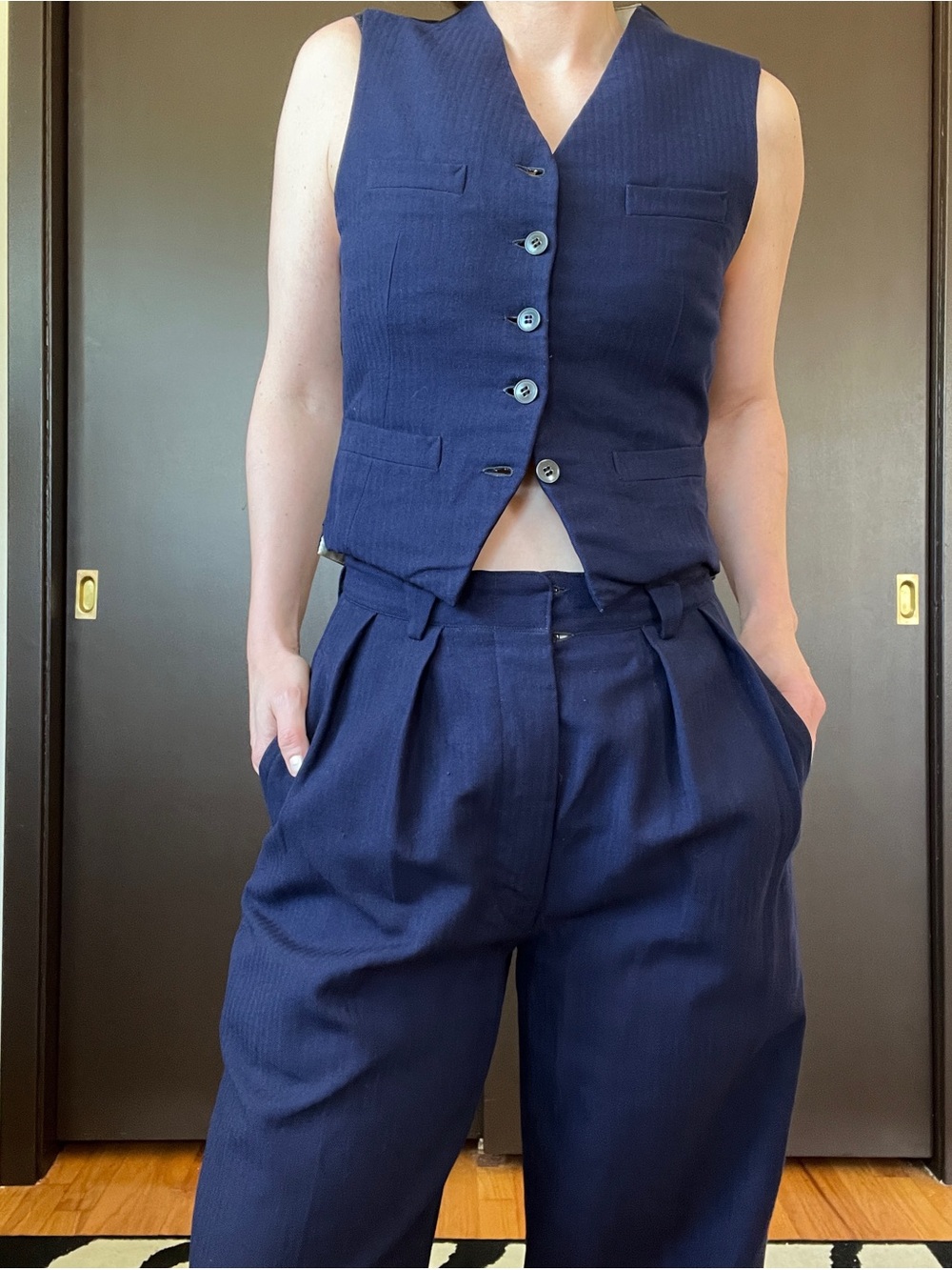 Vintage wool suit Navy High-Waist Wide-Leg Pleated Trousers and vest